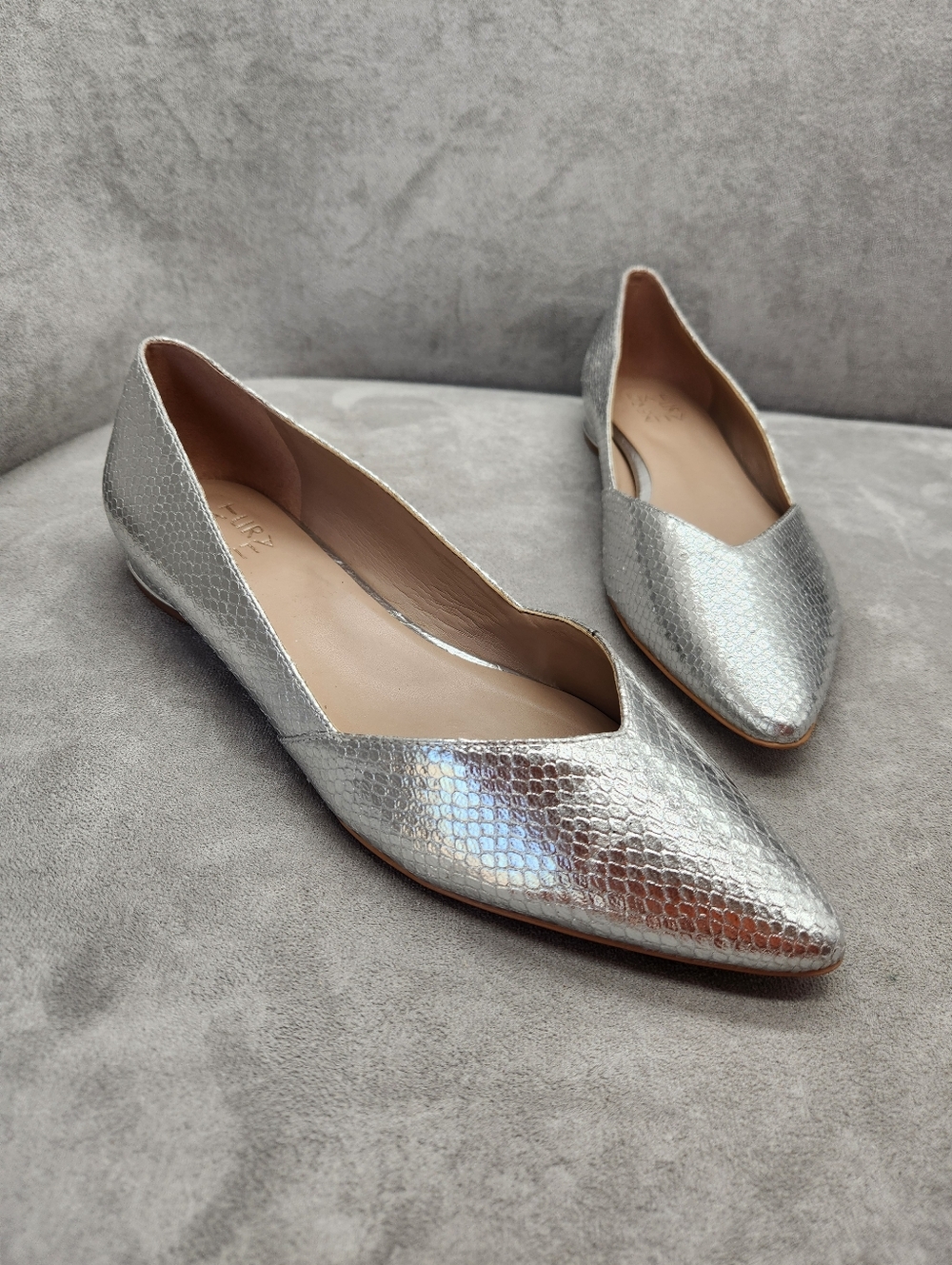 Naturalizer Flats 8 Wide Silver Snake Leather Havana Pointed Toe V-cut New $120